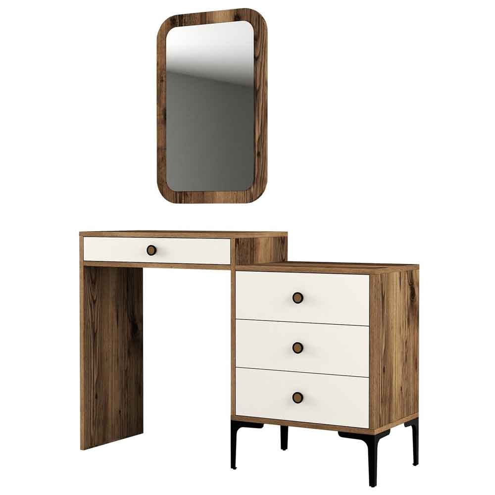 Lizbon Wooden Dressing Table Set with Mirror in Walnut and Cream