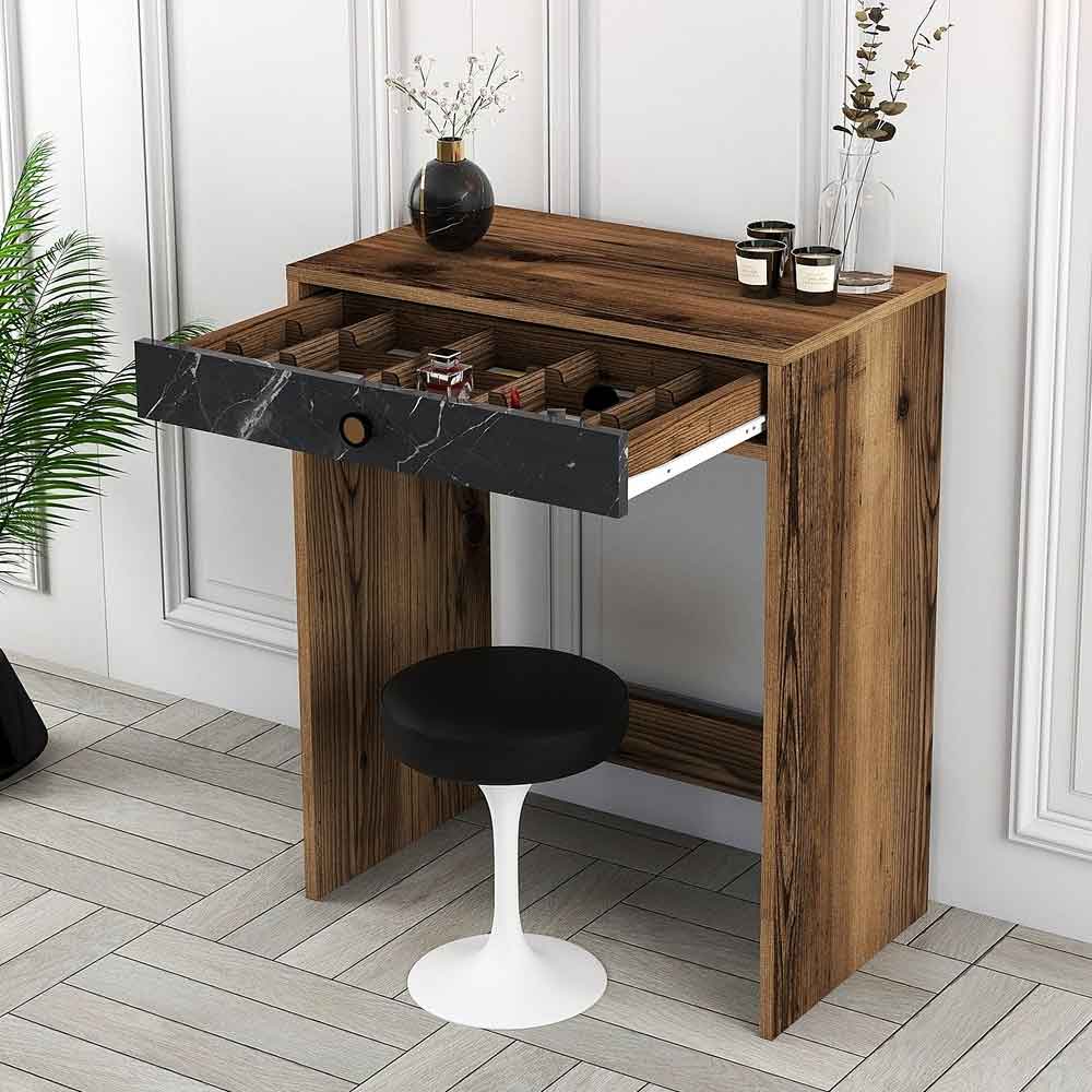 Lizbon Wooden Dressing Table in Walnut and Black Marble Effect