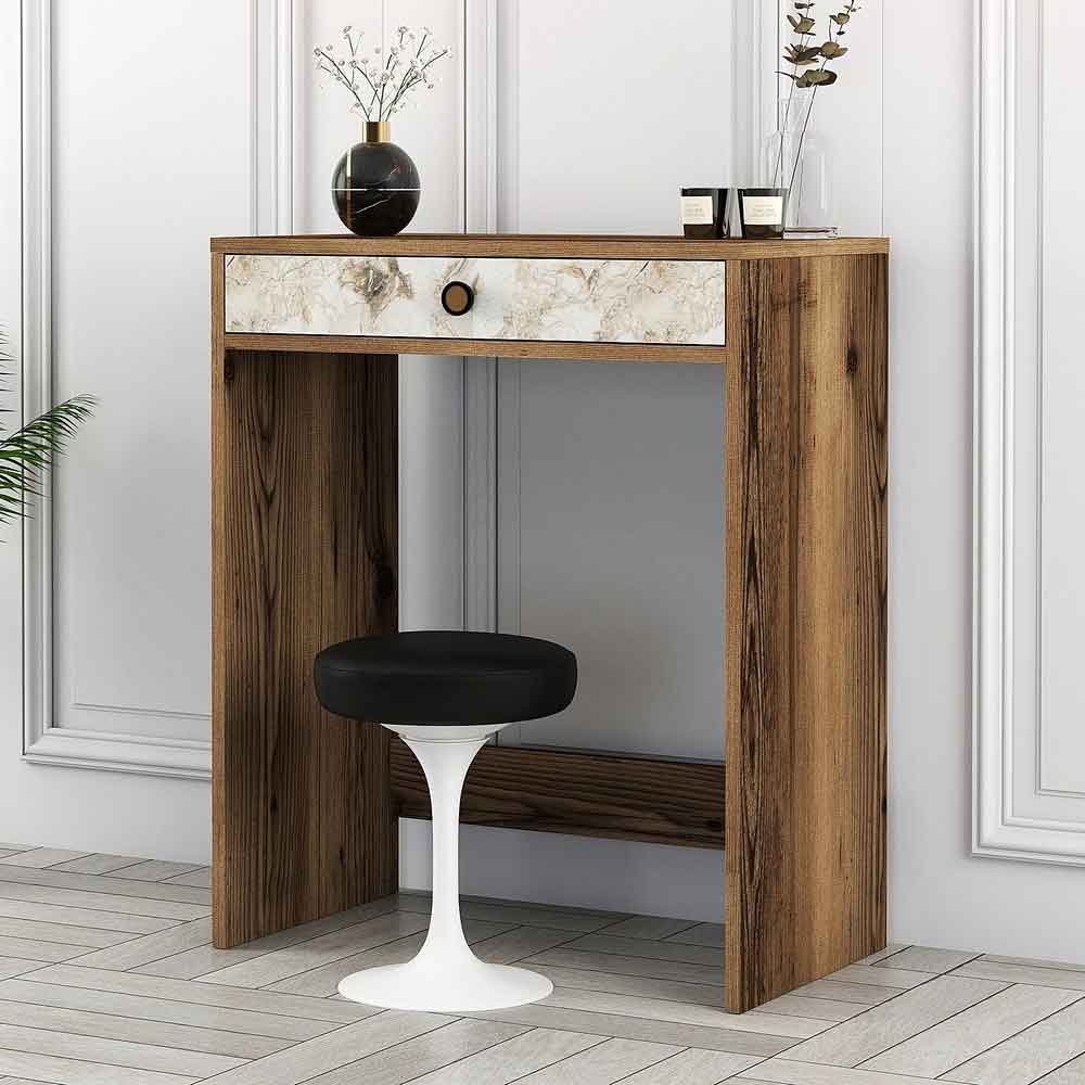 Lizbon Wooden Dressing Table in Walnut and White Marble Effect
