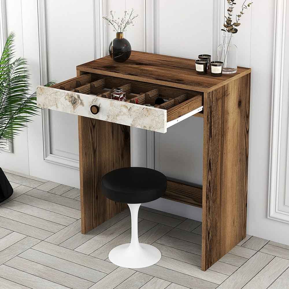 Lizbon Wooden Dressing Table in Walnut and White Marble Effect