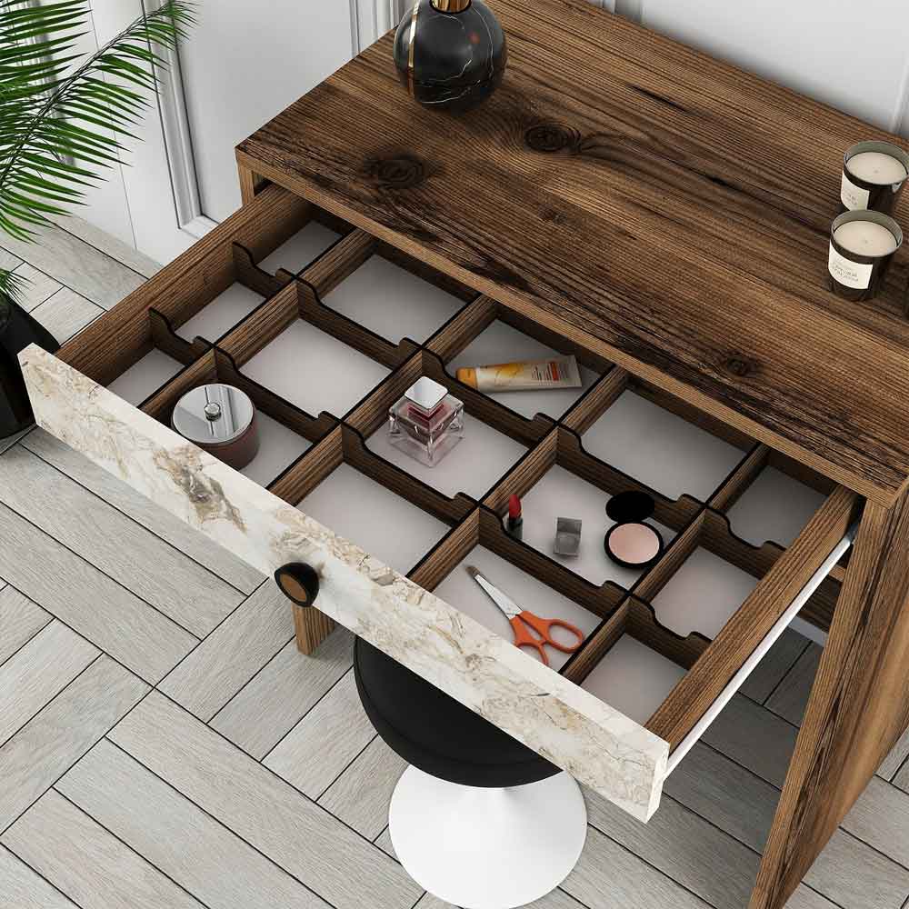 Lizbon Wooden Dressing Table in Walnut and White Marble Effect