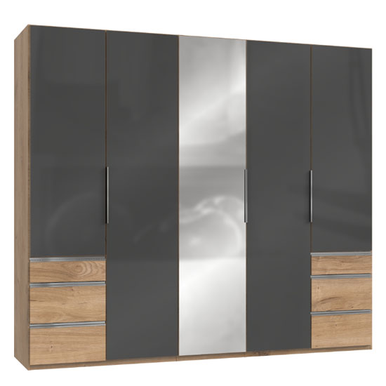 Lloyd Mirrored 5 Doors Wardrobe In Gloss Grey And Planked Oak