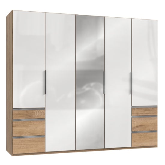 Read more about Lloyd mirrored 5 doors wardrobe in gloss white and planked oak