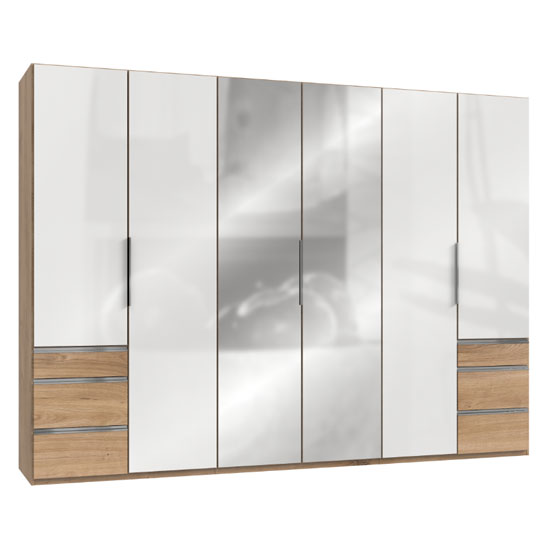 Read more about Lloyd mirrored 6 doors wardrobe in gloss white and planked oak