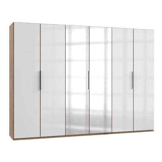 Lloyd Mirrored Wardrobe In Gloss White And Planked Oak 6 Doors