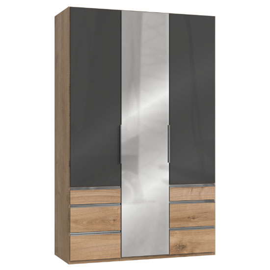 Lloyd Tall 3 Doors Mirror Wardrobe In Gloss Grey And Planked Oak