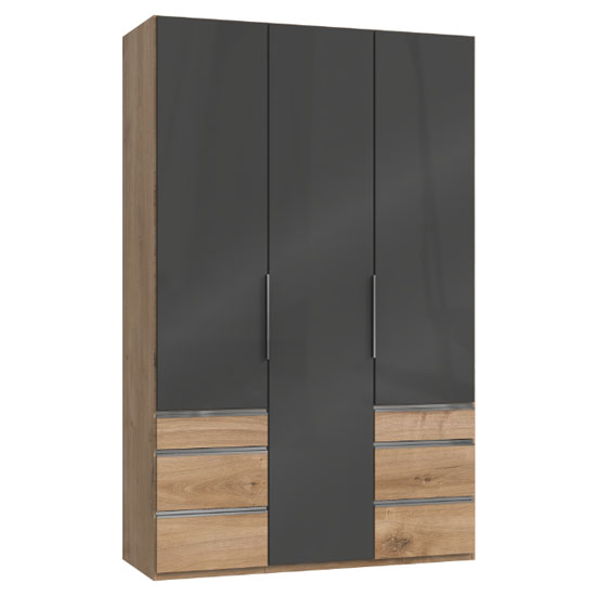 Read more about Lloyd tall 3 doors wardrobe in gloss grey and planked oak
