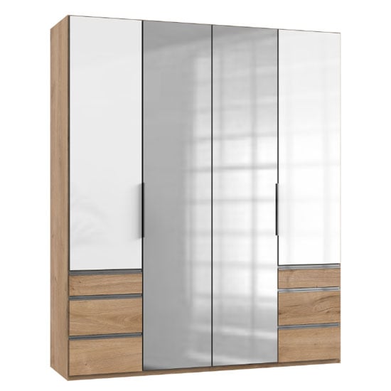 Lloyd Tall 4 Door Mirror Wardrobe In Gloss White And Planked Oak