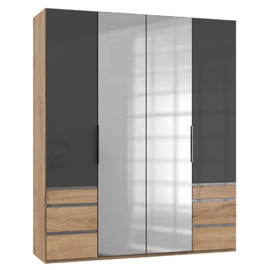 Lloyd Tall 4 Doors Mirror Wardrobe In Gloss Grey And Planked Oak