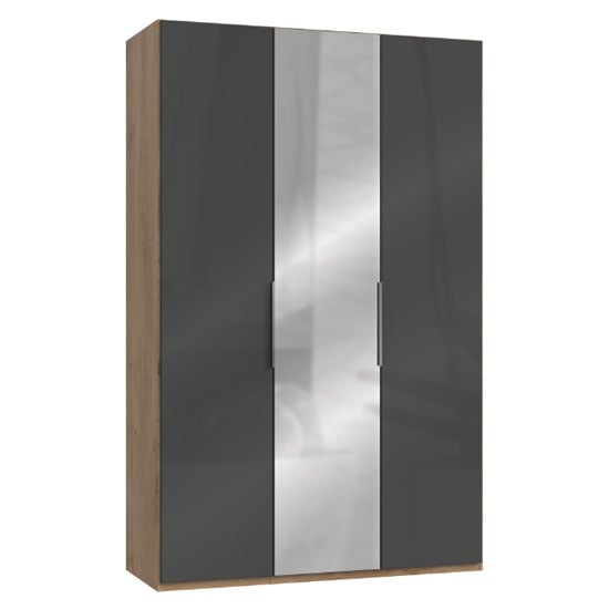 Lloyd Tall Mirror Wardrobe In Gloss Grey And Planked Oak 3 Doors