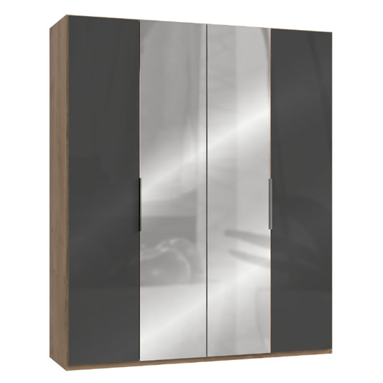 Lloyd Tall Mirror Wardrobe In Gloss Grey And Planked Oak 4 Doors