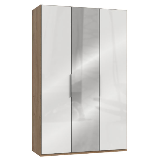 Lloyd Tall Mirror Wardrobe In Gloss White And Planked Oak 3 Door