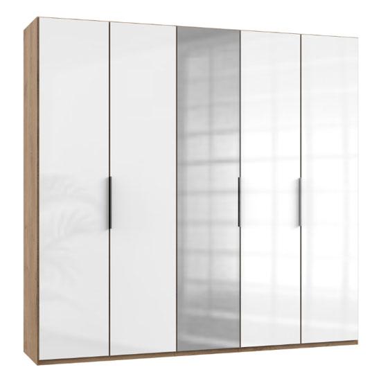 Lloyd Tall Mirror Wardrobe In Gloss White And Planked Oak 5 Door