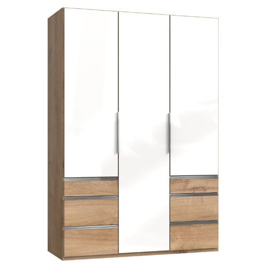 Lloyd Wooden 3 Doors Wardrobe In Gloss White And Planked Oak