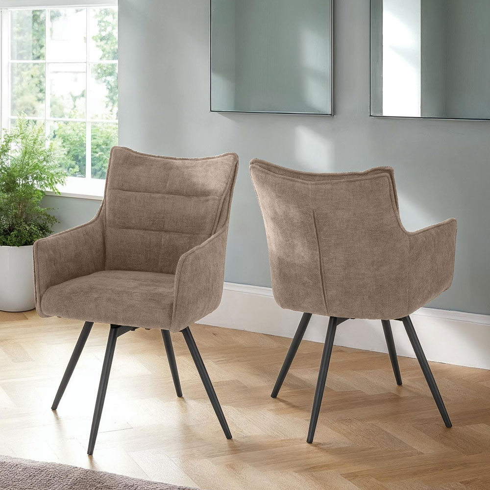 Llyra Fawn Fabric Carver Swivel Dining Chairs in Pair