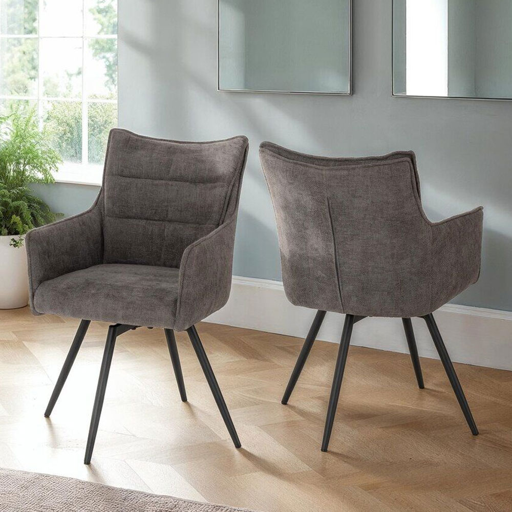 Llyra Grey Fabric Carver Swivel Dining Chairs in Pair