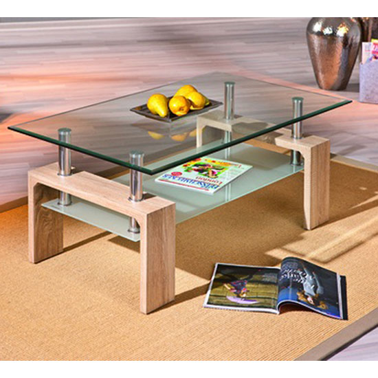 Loana Glass Coffee Table With Undershelf And Oak Legs 19066 Loana Glass Coffee Table With Undershelf And Oak Legs