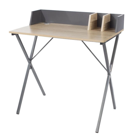 Product photograph of Leith Study Desk In Oak With Cross Grey Metal Legs from Furniture in Fashion