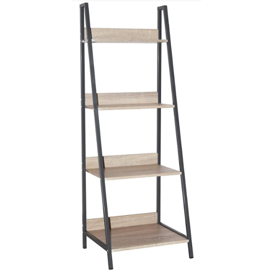 Photo of Leith wooden ladder bookcase unit in oak and grey metal frame