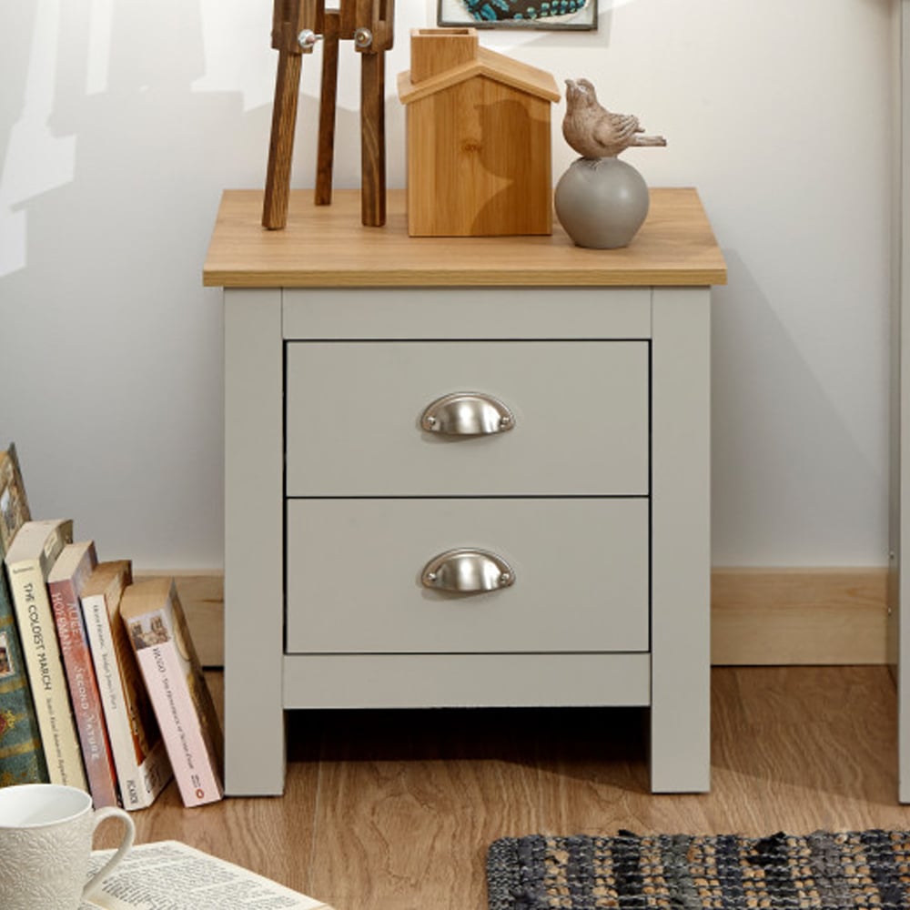 Loftus Wooden Bedside Cabinet With 2 Drawers In Grey And Oak