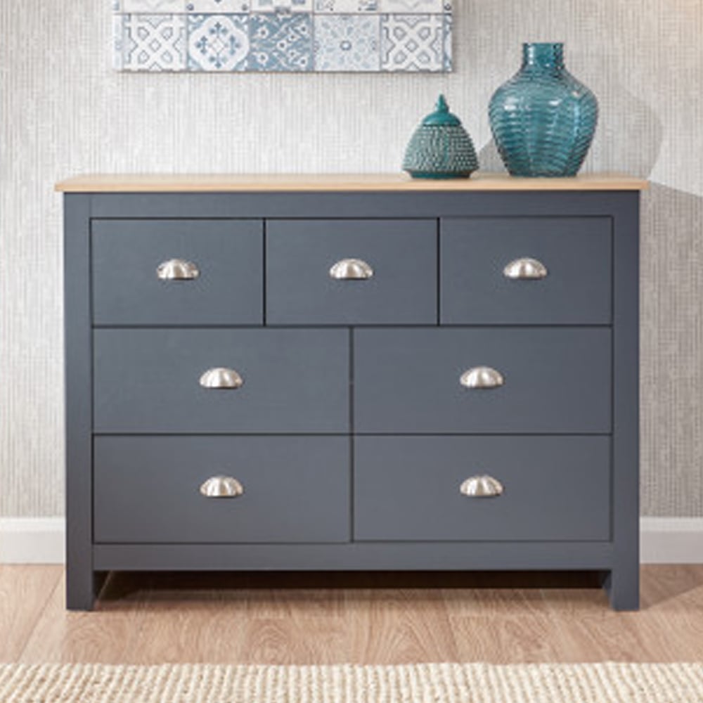 Loftus Wooden Chest Of 7 Drawers In Slate Blue And Oak