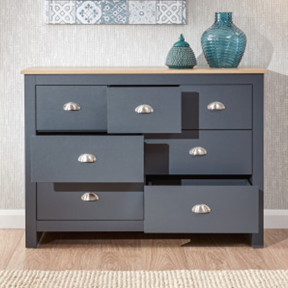 Loftus Wooden Chest Of 7 Drawers In Slate Blue And Oak