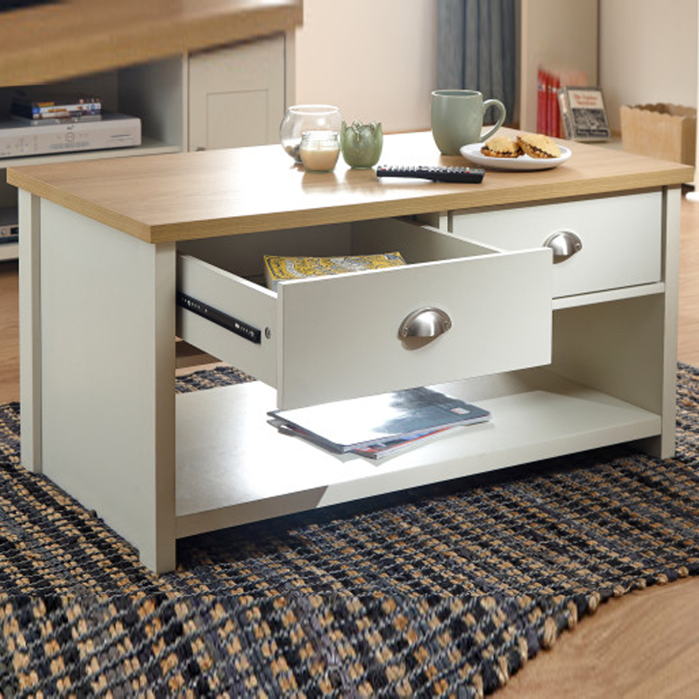 Loftus Wooden Coffee Table With 2 Drawers In Cream And Oak