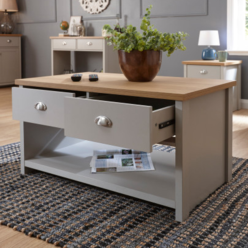 Loftus Wooden Coffee Table With 2 Drawers In Grey And Oak