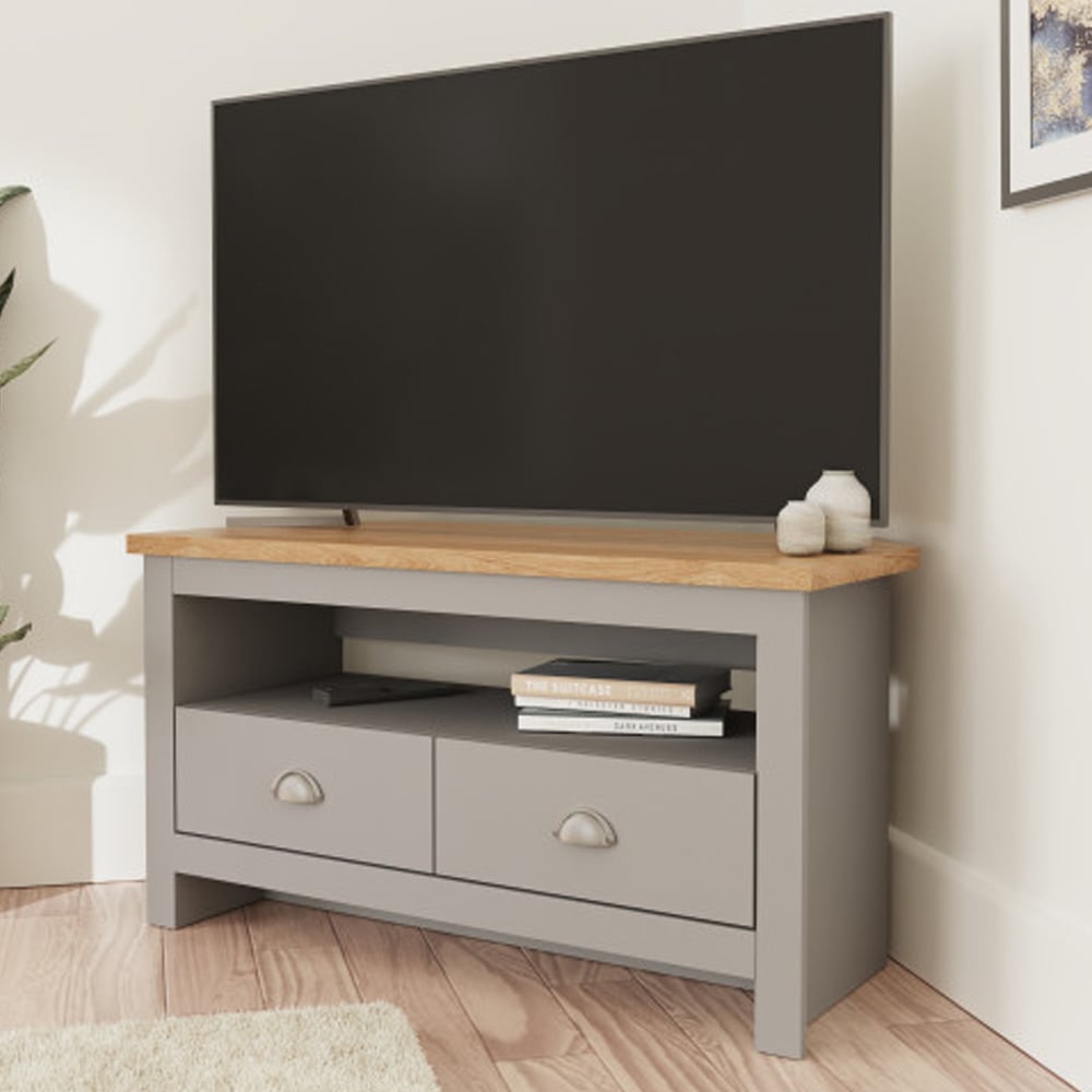 Loftus Wooden Corner TV Stand With 2 Drawers In Grey And Oak