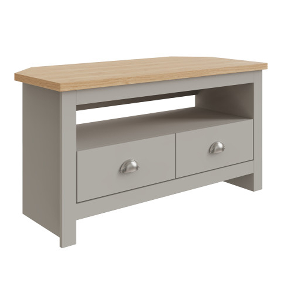 Loftus Wooden Corner TV Stand With 2 Drawers In Grey And Oak