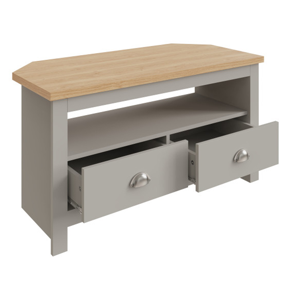 Loftus Wooden Corner TV Stand With 2 Drawers In Grey And Oak