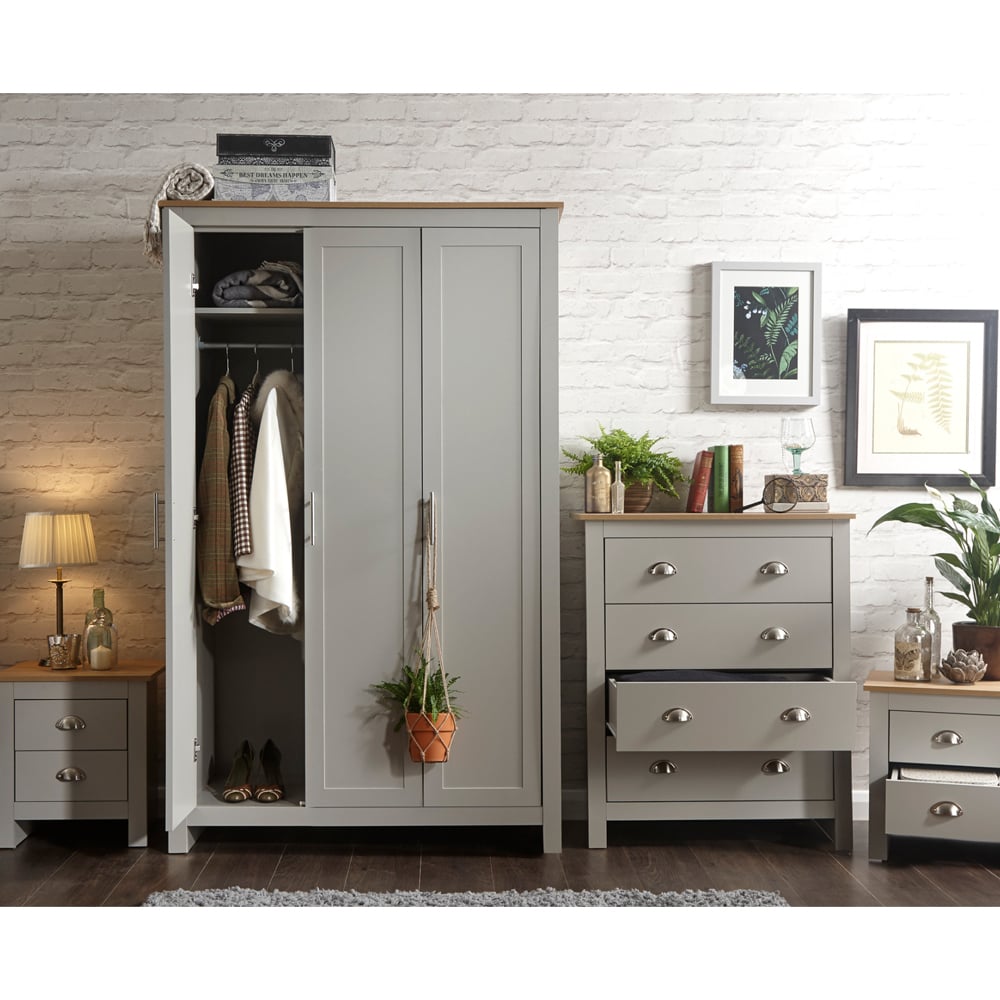 Loftus Wooden Furniture Set With 3 Doors Wardrobe In Grey Oak