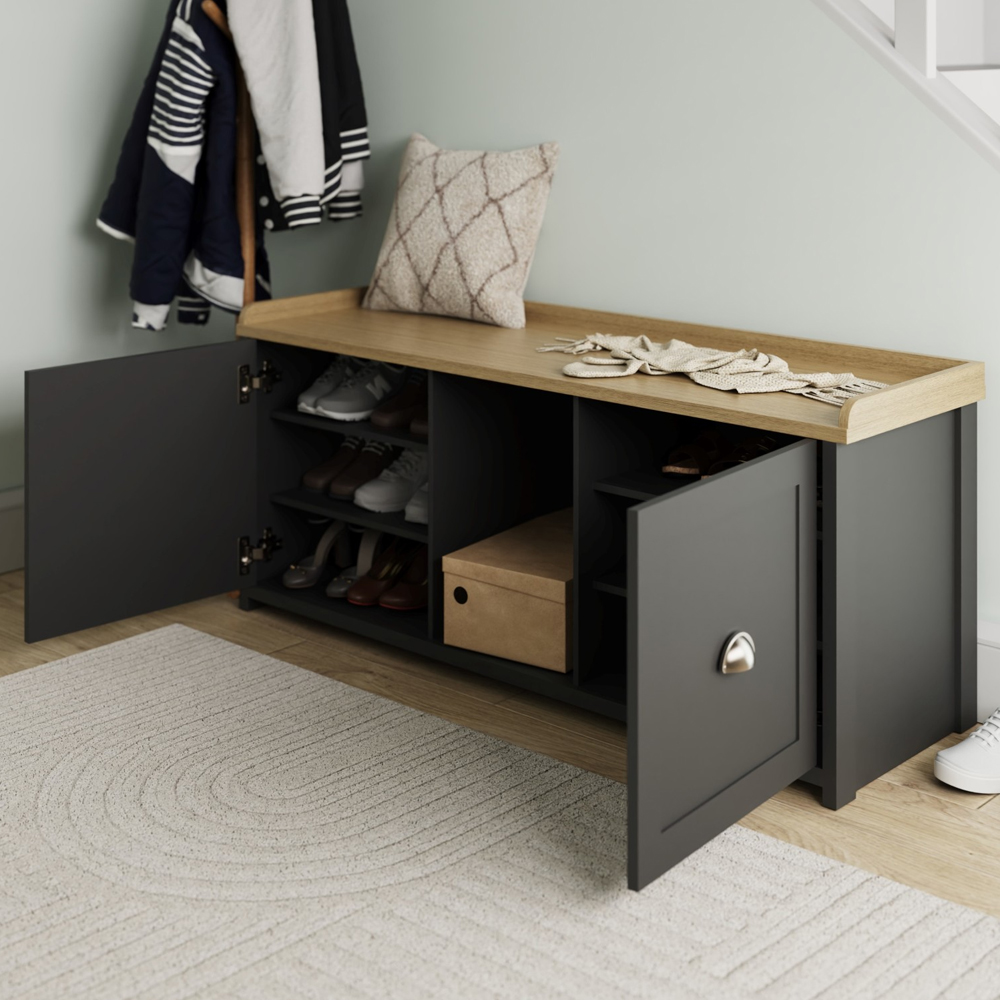 Loftus Wooden Hallway Seating Bench With 2 Doors In Black And Oak