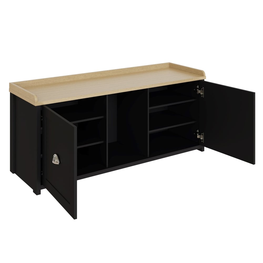 Loftus Wooden Hallway Seating Bench With 2 Doors In Black And Oak