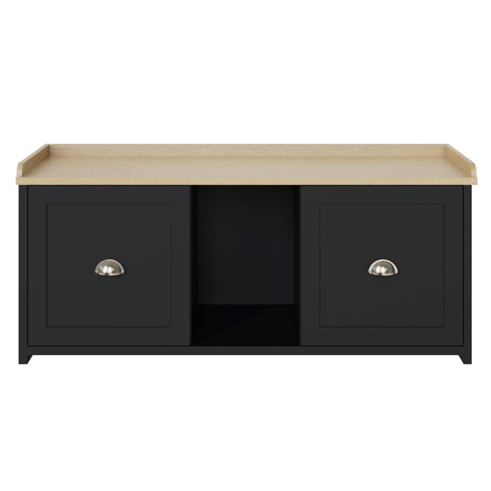 Loftus Wooden Hallway Seating Bench With 2 Doors In Black And Oak
