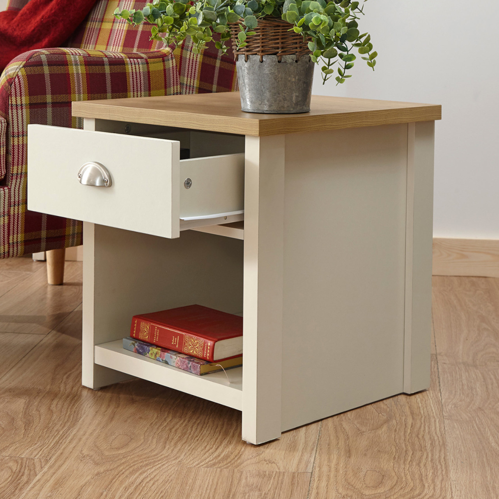 Loftus Wooden Lamp Table With 1 Drawer In Cream And Oak