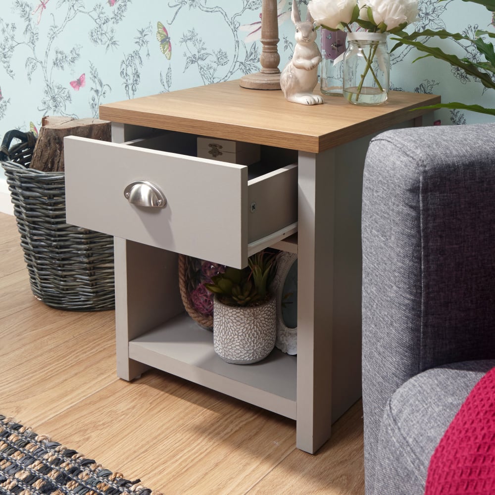 Loftus Wooden Lamp Table With 1 Drawer In Grey And Oak