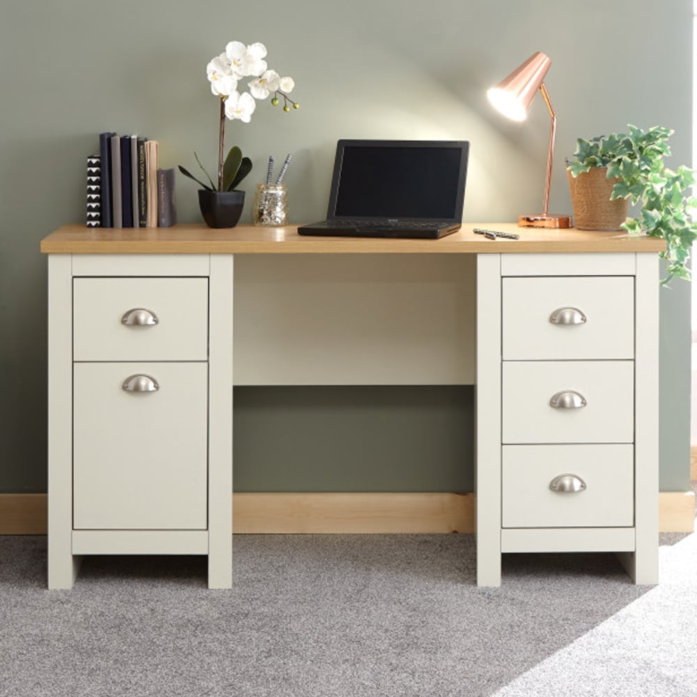 Loftus Wooden Laptop Desk With 1 Door 4 Drawers In Cream And Oak