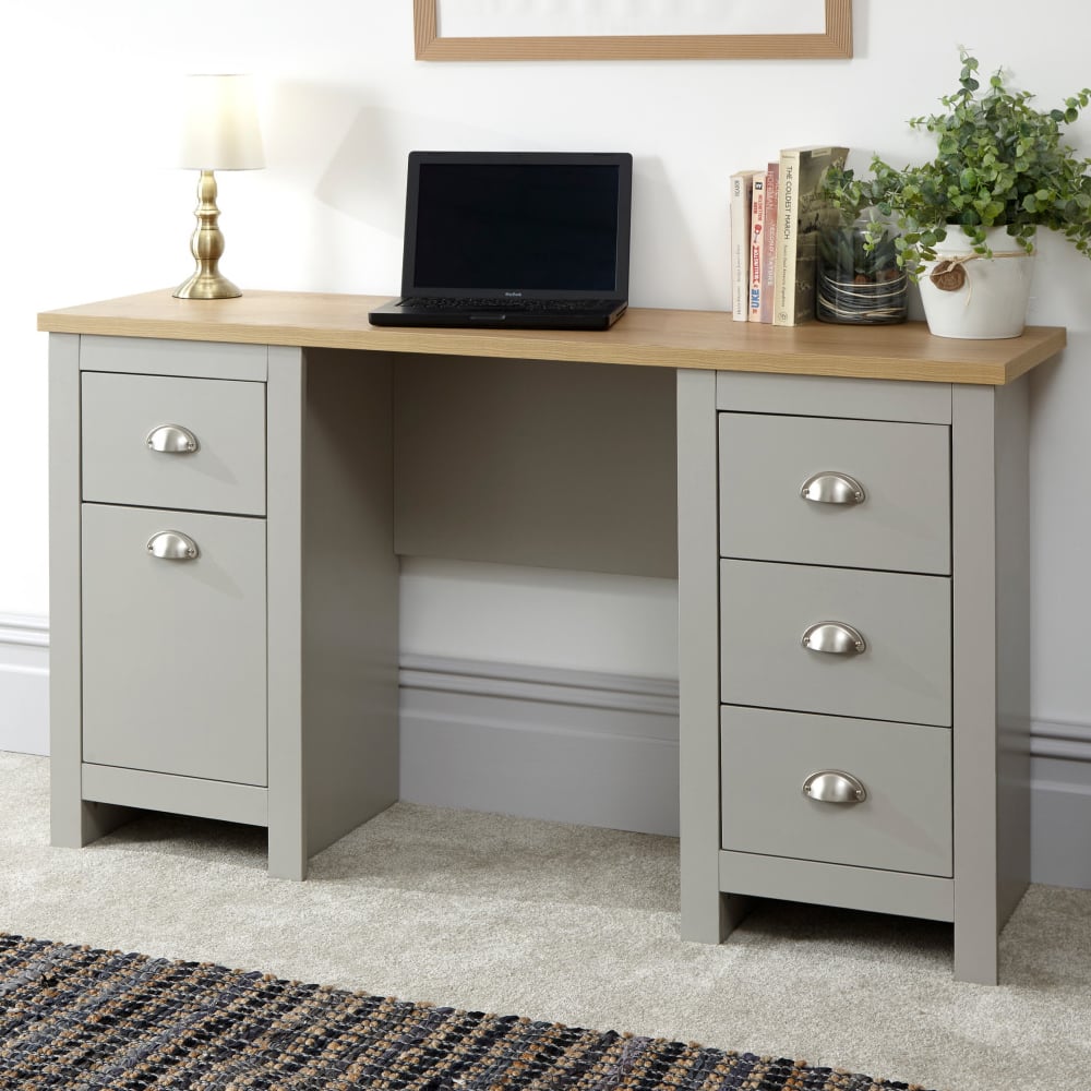 Loftus Wooden Laptop Desk With 1 Door 4 Drawers In Grey And Oak