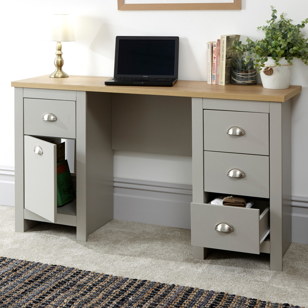 Loftus Wooden Laptop Desk With 1 Door 4 Drawers In Grey And Oak