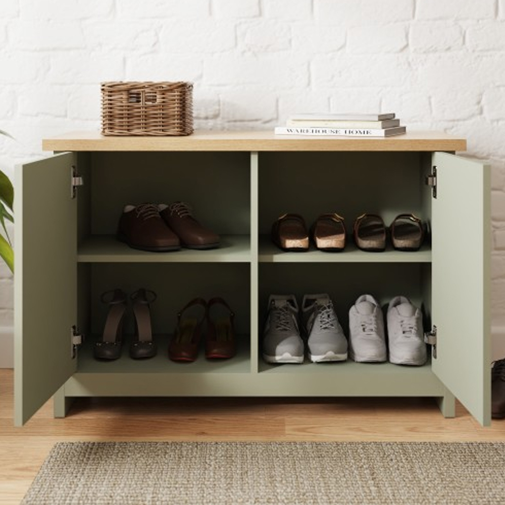 Loftus Wooden Shoe Cabinet With 2 Doors In Sage Green And Oak