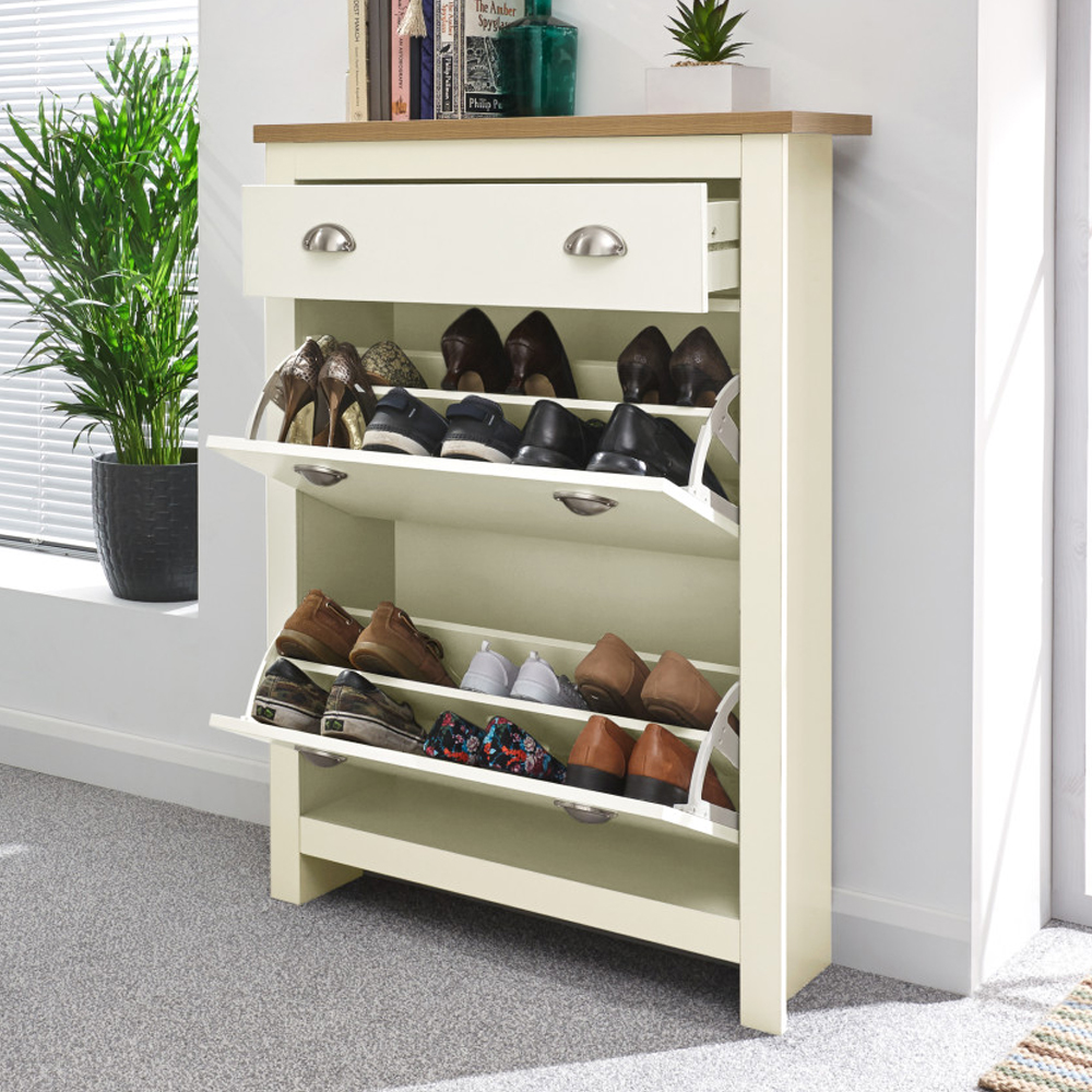 Loftus Wooden Shoe Cabinet With 2 Flap Doors In Cream And Oak