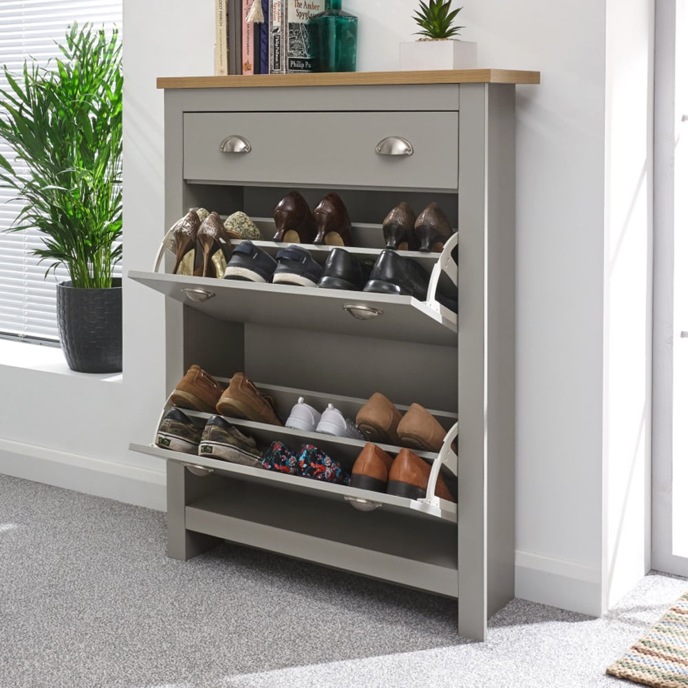 Loftus Wooden Shoe Cabinet With 2 Flap Doors In Grey And Oak
