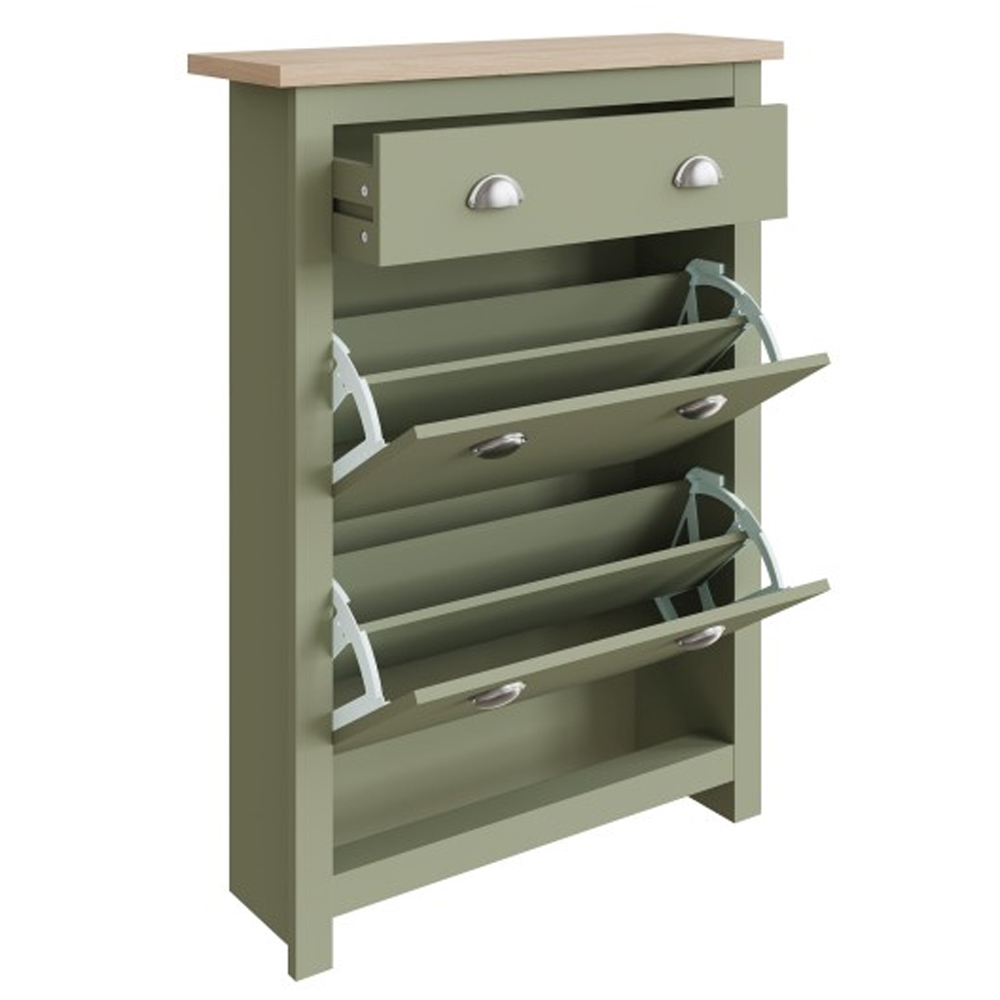 Loftus Wooden Shoe Cabinet With 2 Flap Doors In Sage Green And Oak