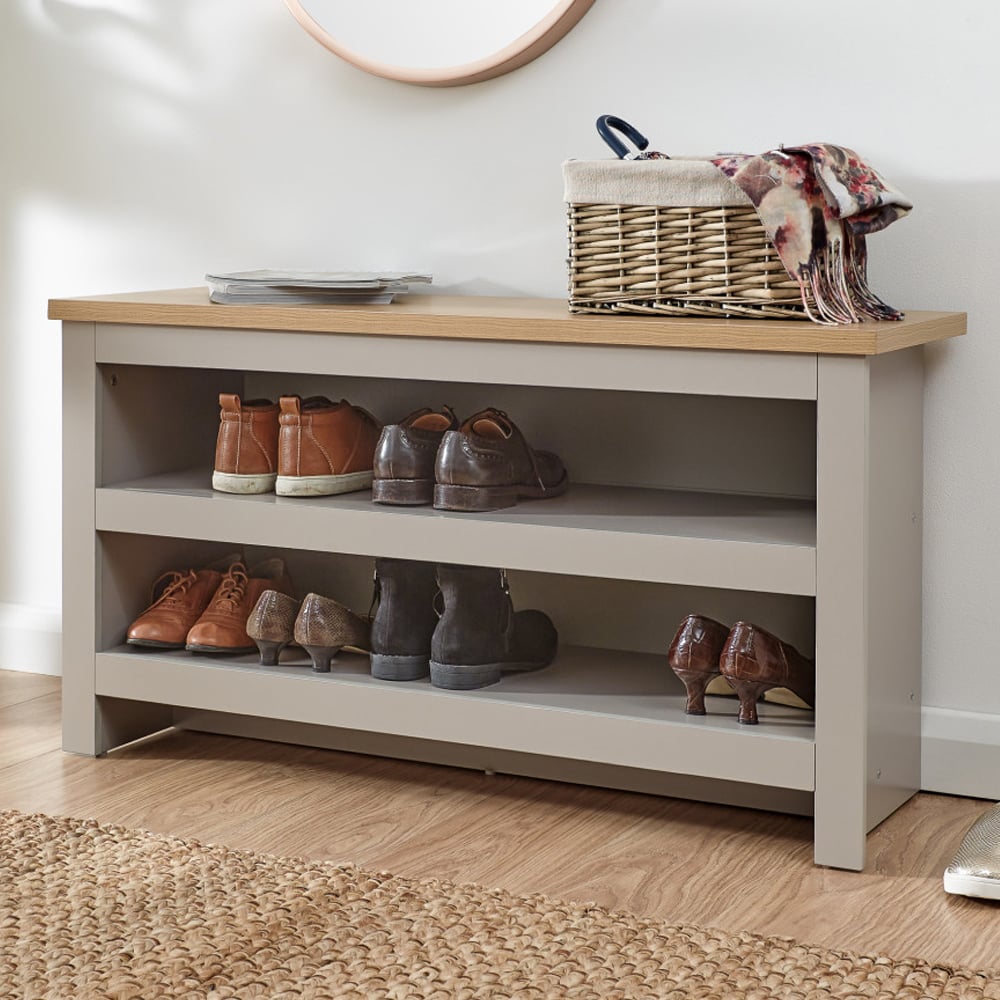 Loftus Wooden Shoe Seating Bench With 2 Shelves In Grey And Oak
