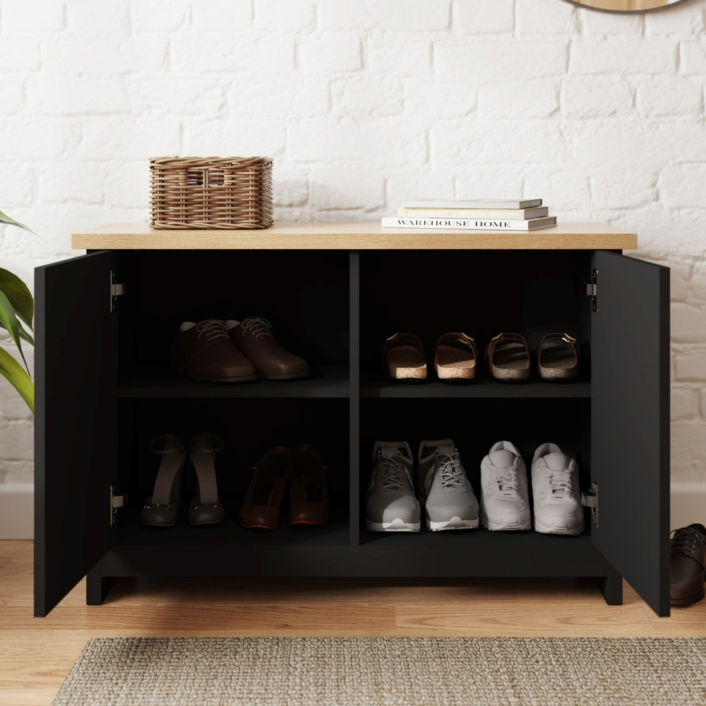 Loftus Wooden Shoe Storage Bench With 2 Doors In Black And Oak