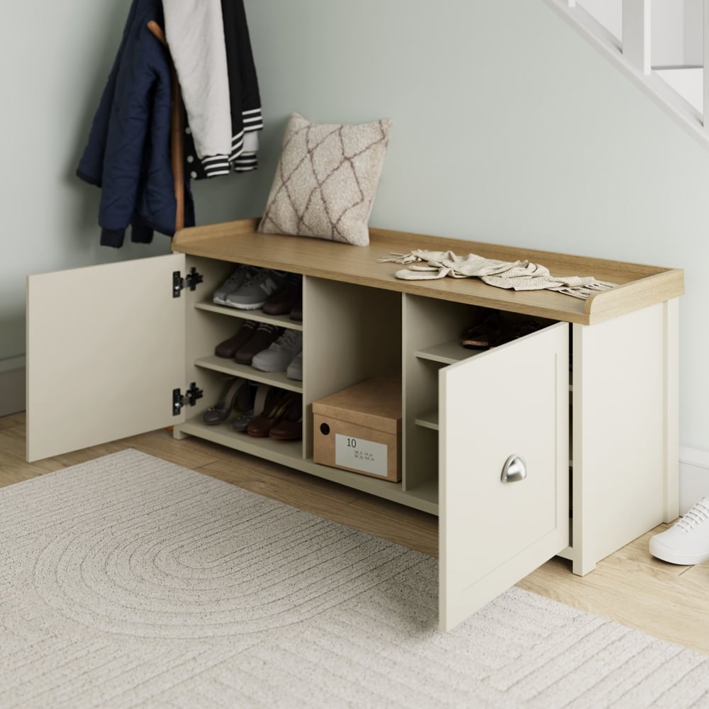 Loftus Wooden Shoe Storage Bench With 2 Doors In Cream And Oak