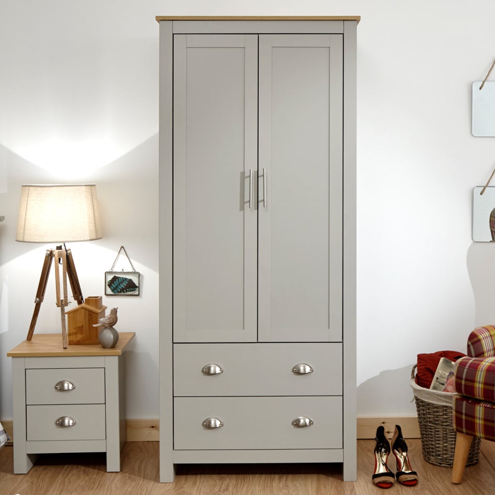 Loftus Wooden Wardrobe With 2 Doors 2 Drawers In Grey And Oak