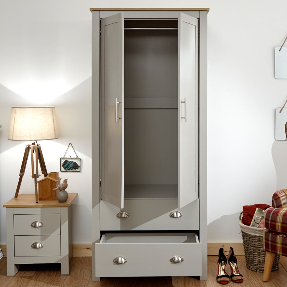 Loftus Wooden Wardrobe With 2 Doors 2 Drawers In Grey And Oak