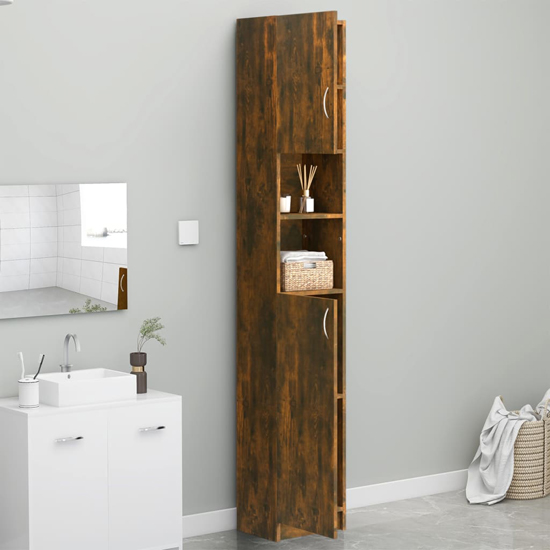 Logan Wooden Bathroom Storage Cabinet In Smoked Oak